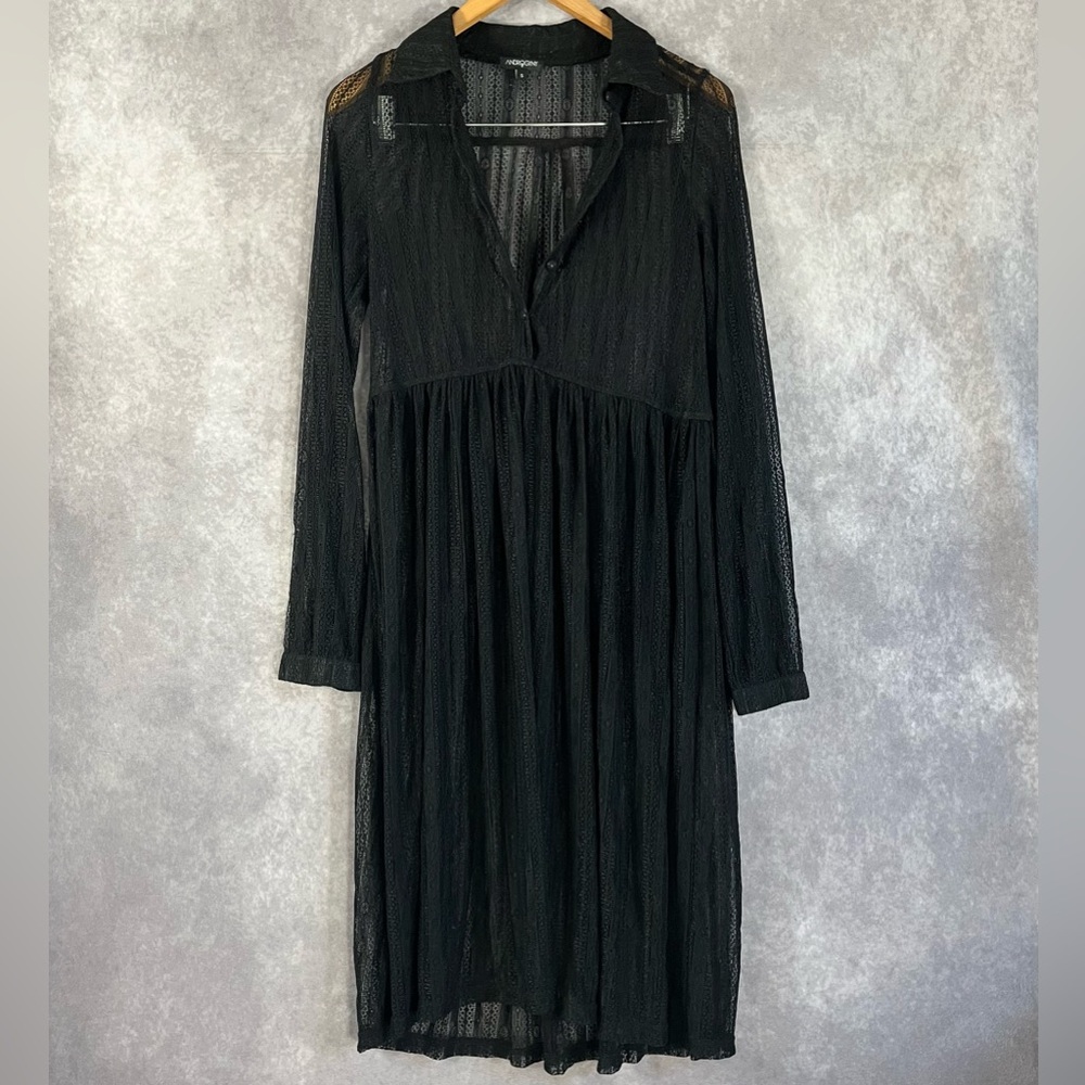 Androgyny Midi Dress Womens Small S Black Lace Long‎ Sleeve V-Neck Collar Goth